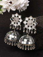 NVR Women Silver Mirror Oxidised Brass-Plated Jhumka Earrings - Distacart