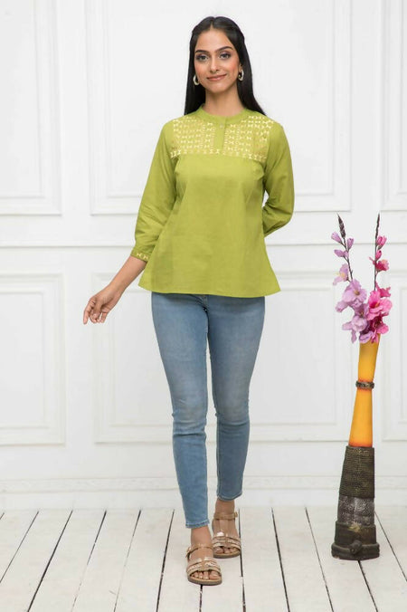 Myshka Women Green Solid Mandarin Collar Regular Sleeves Pure Cotton Top