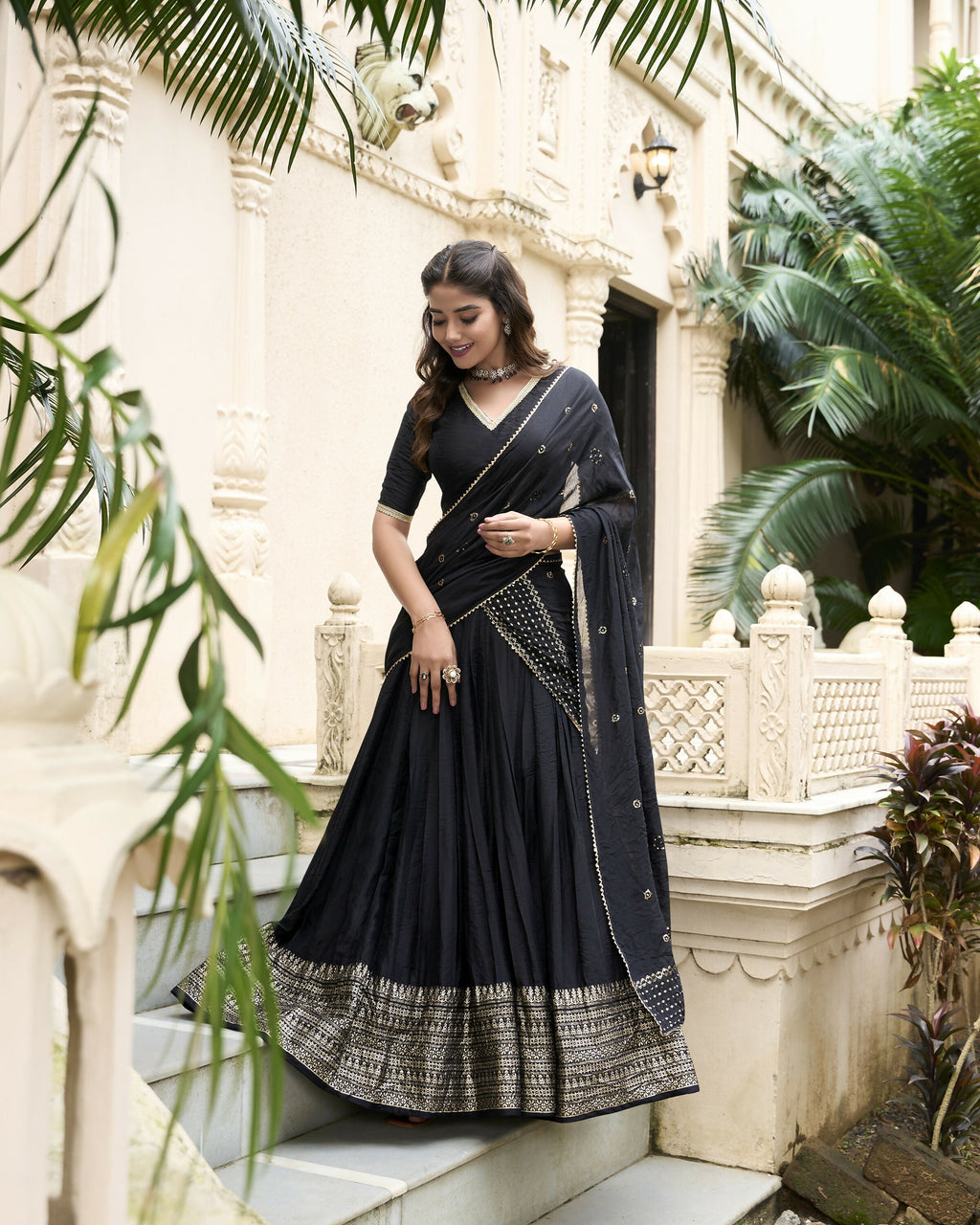 Lorenvalley Black Pure Chanderi Plain With Zari Weaving Work Border Lehenga Choli