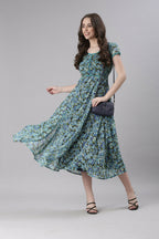 Souchii Teal & Blue Floral Printed Fit & Flare Dress