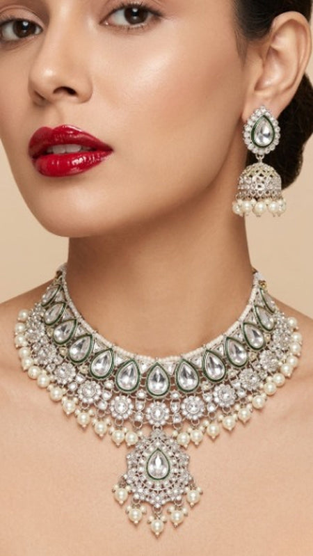 Jewel City Kundan & Pearl Gold-Plated Choker Necklace with Jhumka Earrings and Maang Tikka for Women