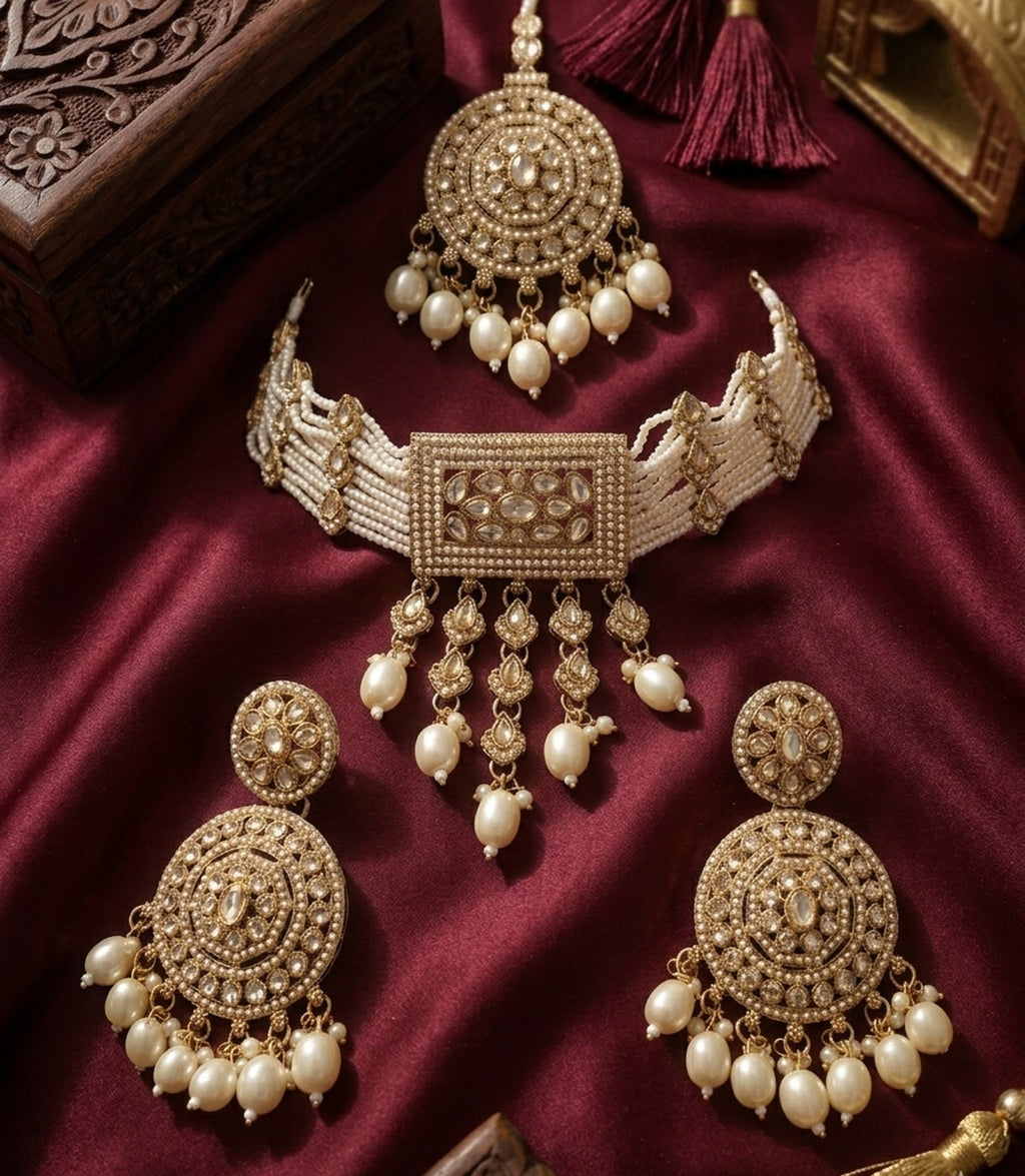 Jewel City Traditional Gold-Plated Pearl Choker Necklace Set with Earrings & Mangtika – Elegant Ethnic Bridal Jewellery - Distacart