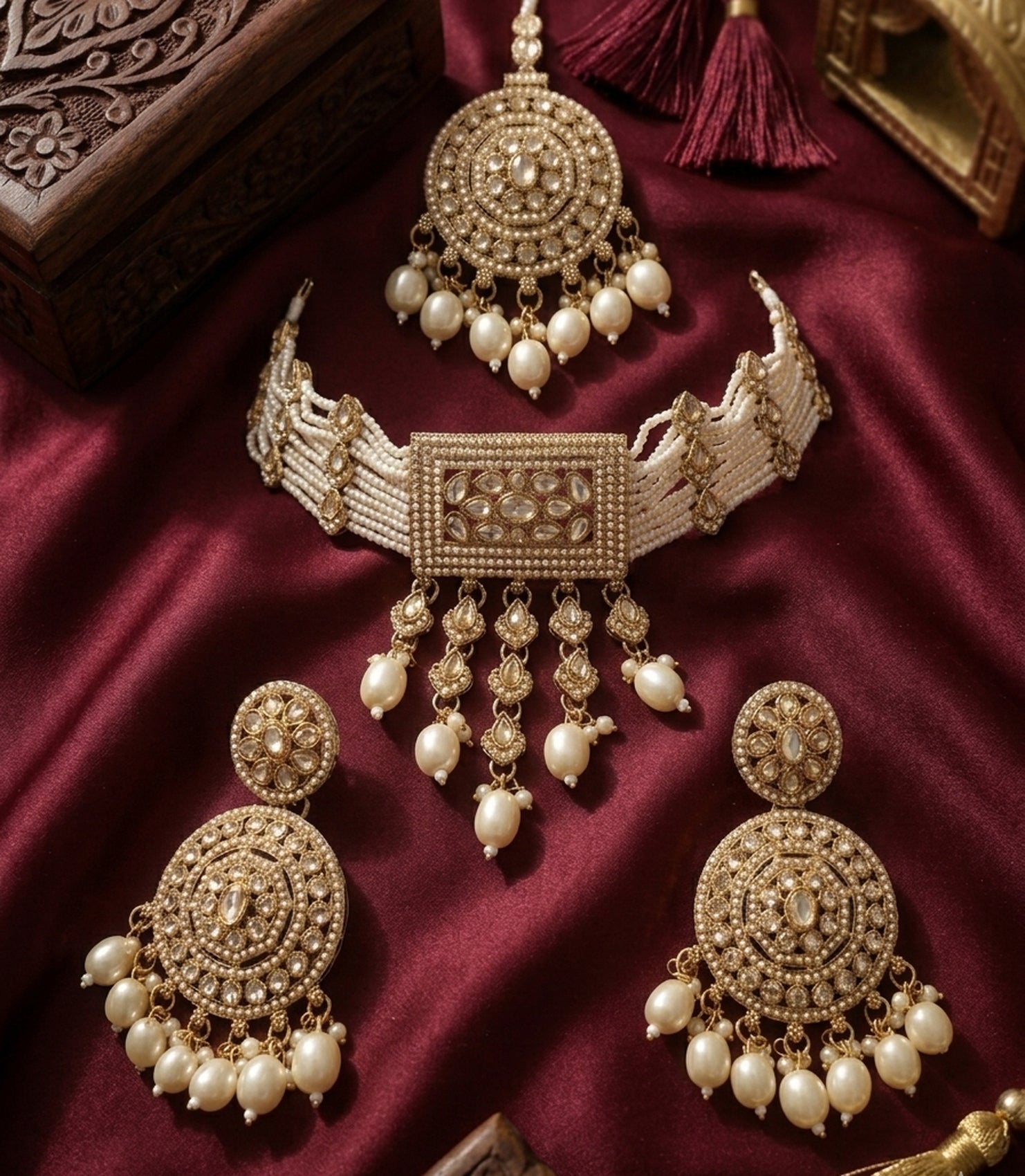 Jewel City Traditional Gold-Plated Pearl Choker Necklace Set with Earrings & Mangtika – Elegant Ethnic Bridal Jewellery - Distacart