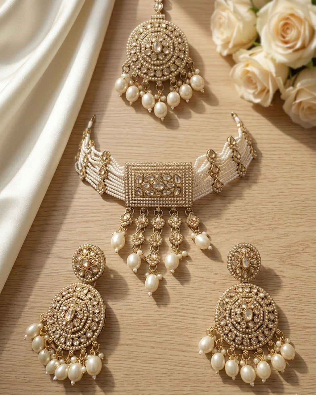 Jewel City Traditional Gold-Plated Pearl Choker Necklace Set with Earrings & Mangtika – Elegant Ethnic Bridal Jewellery - Distacart