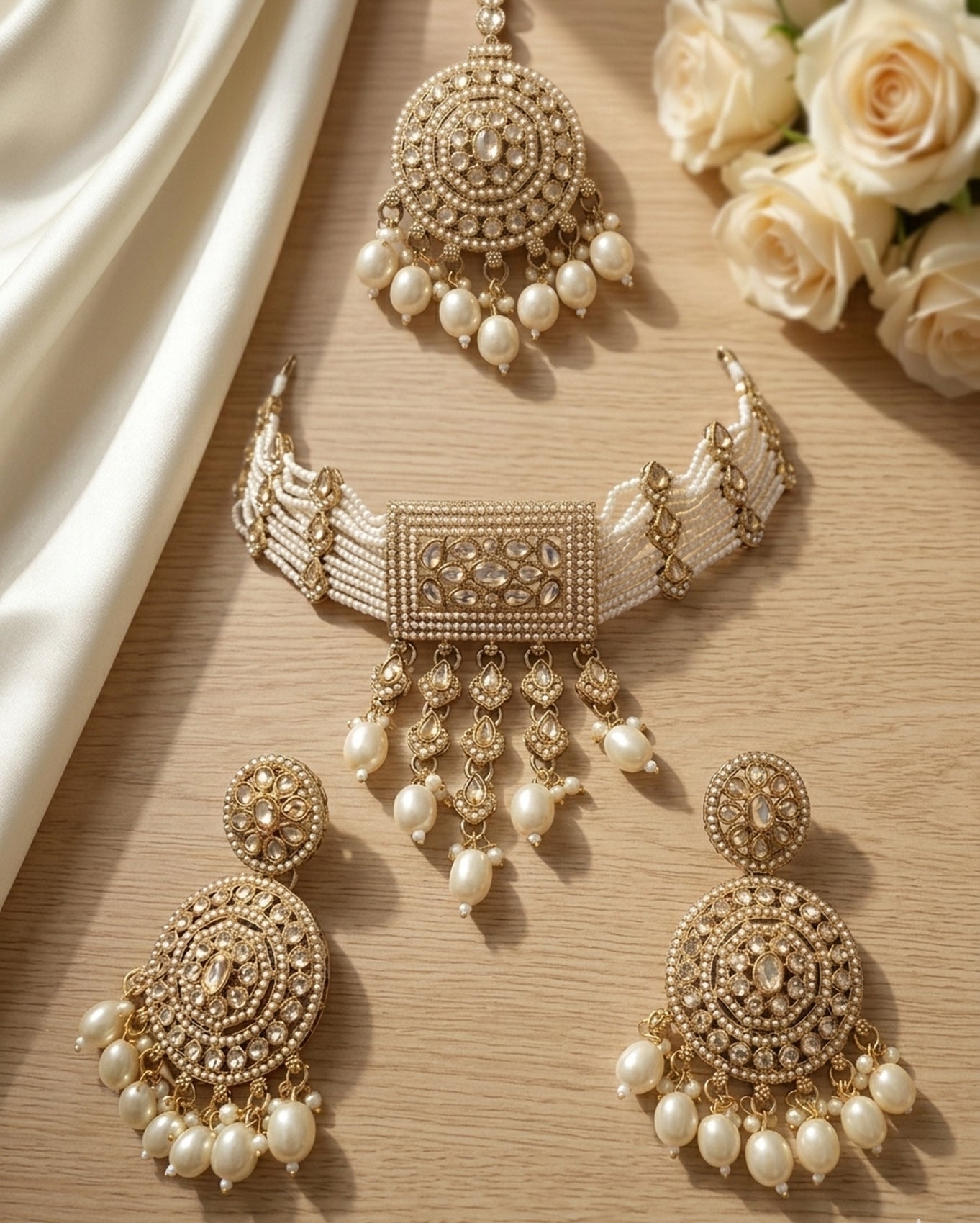 Jewel City Traditional Gold-Plated Pearl Choker Necklace Set with Earrings & Mangtika – Elegant Ethnic Bridal Jewellery - Distacart