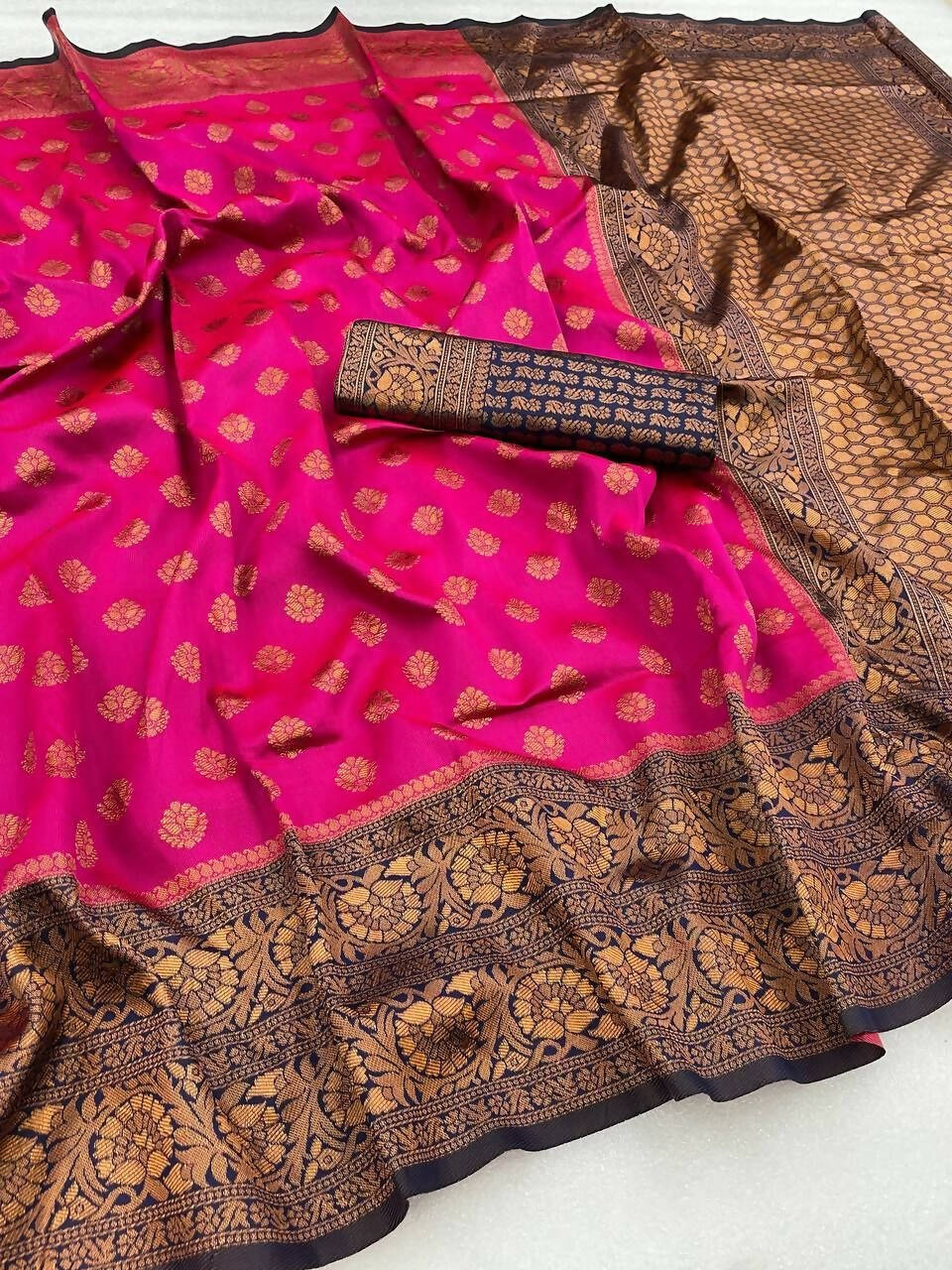 DEIANA'S Beautiful Designer Golden zari Soft Lichi Silk Saree - Pink