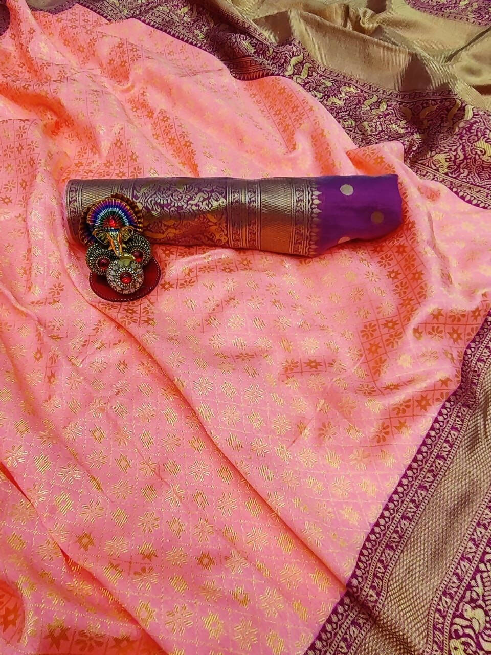 DEIANA'S Beautiful Designer Golden zari Soft Lichi Silk Saree - Peach