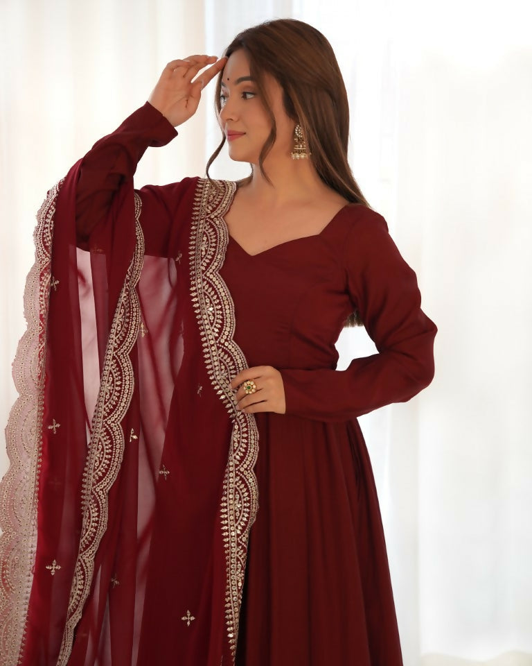 Teeya Creation Maroon Color Pure Roman Silk Chanderi Party Wear Fully Stitched Gown
