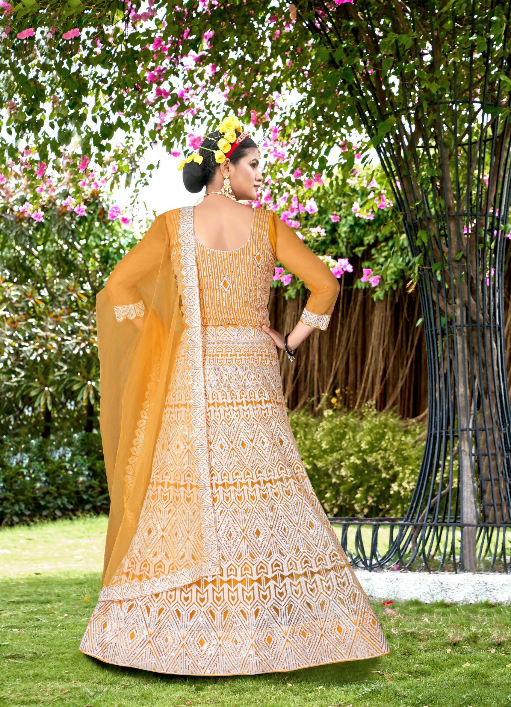 Yellow Net Embroidered Semi Stitched Lehenga Choli with Dupatta - Bhagya