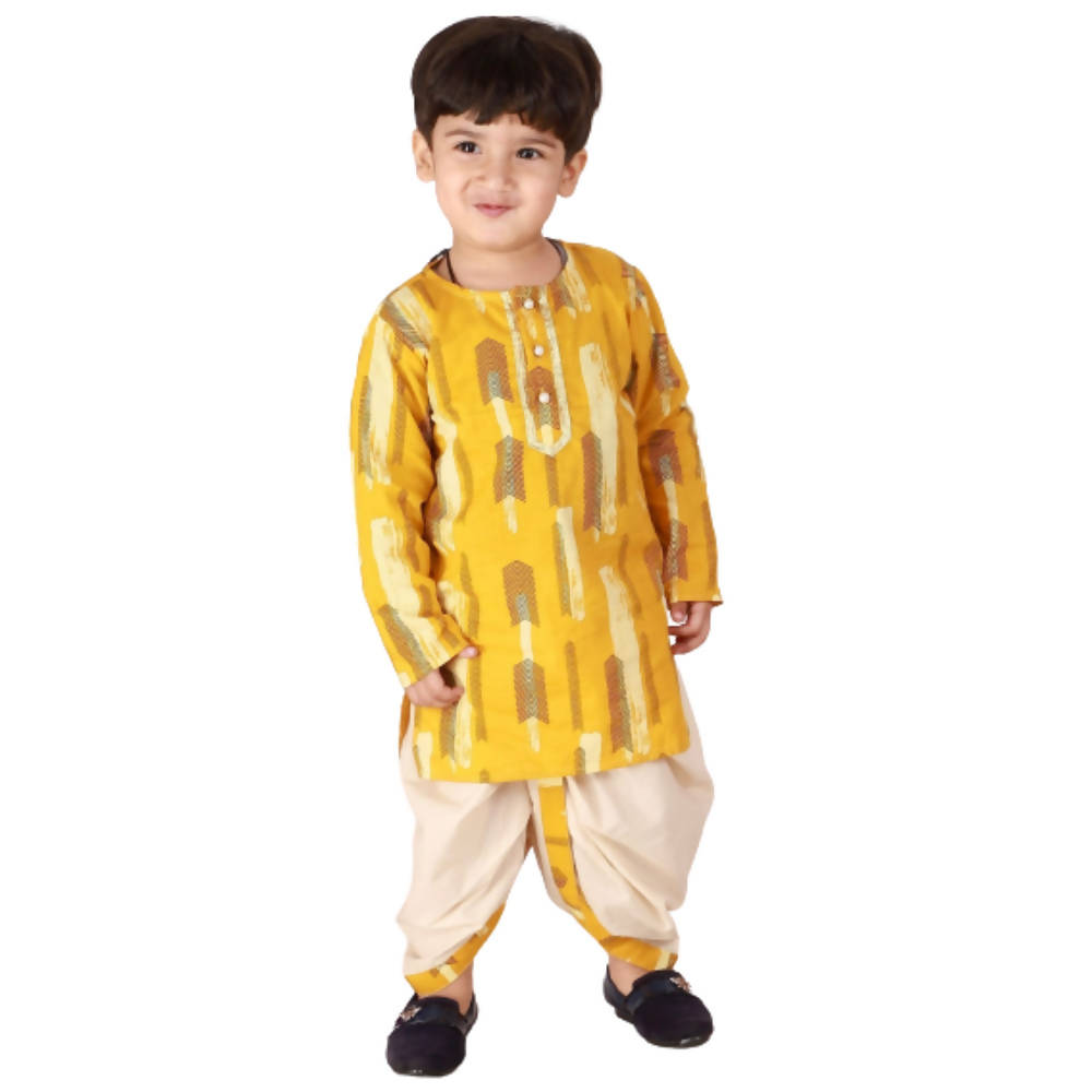 Little Bansi Boys Yellow and Cream Color Feather print Kurta and Dhoti