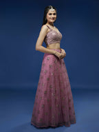 House of Panchhi Pink Net Sequinse Embroidered Lehenga & Blouse with Dupatta