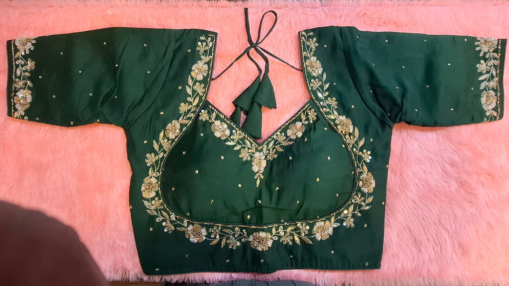 Kia Fashions Bottle Green Hand Embroidered Embroidered Readymade Blouse - Distacart