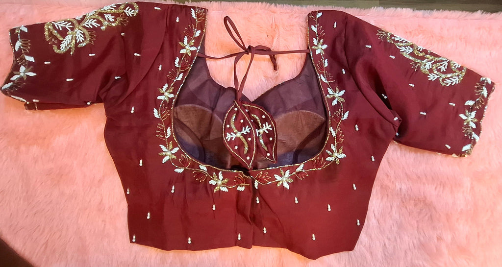 Kia Fashions Maroon Cotton Silk Hand Embroidered Readymade Blouse - Distacart
