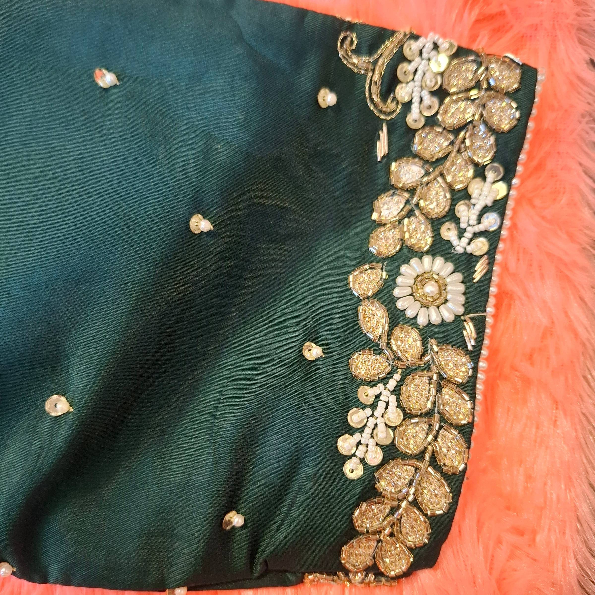 Kia Fashions Bottle Green Hand Embroidered Embroidered Readymade Blouse - Distacart
