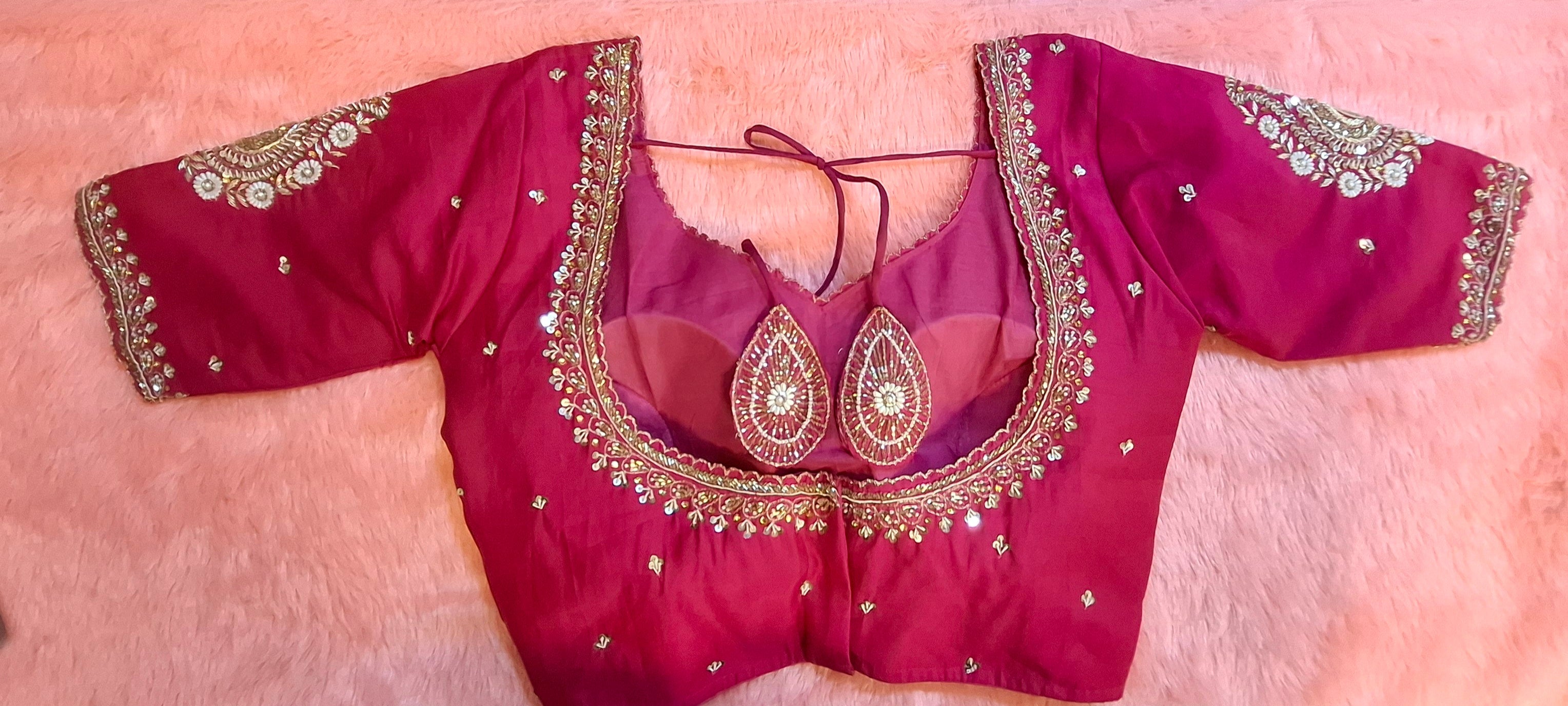 Kia Fashions Hot Pink Cotton Silk Hand Embroidered Readymade Blouse - Distacart