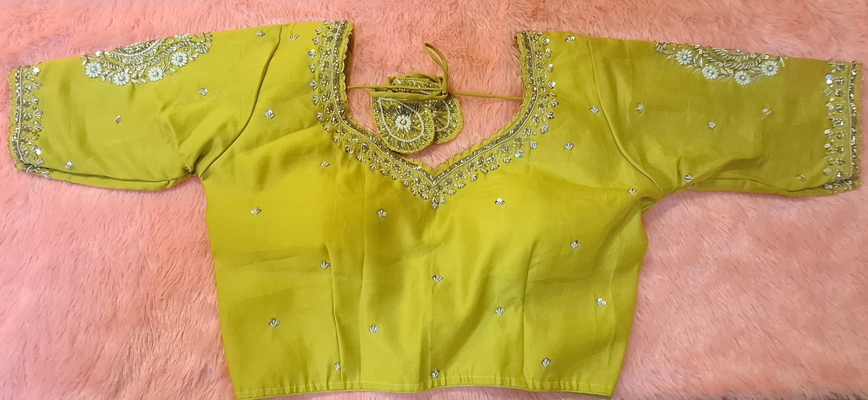 Kia Fashions Mustard Yellow Cotton Silk Hand Embroidered Readymade Blouse - Distacart