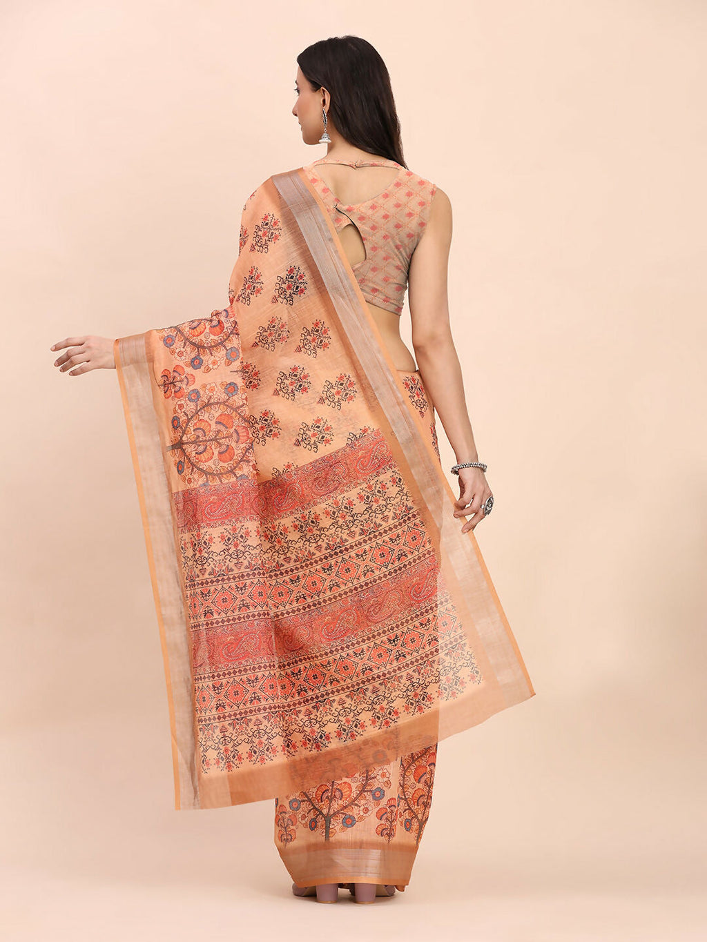 Shree Shyam Fashion Linen Cotton Orange Saree - Distacart
