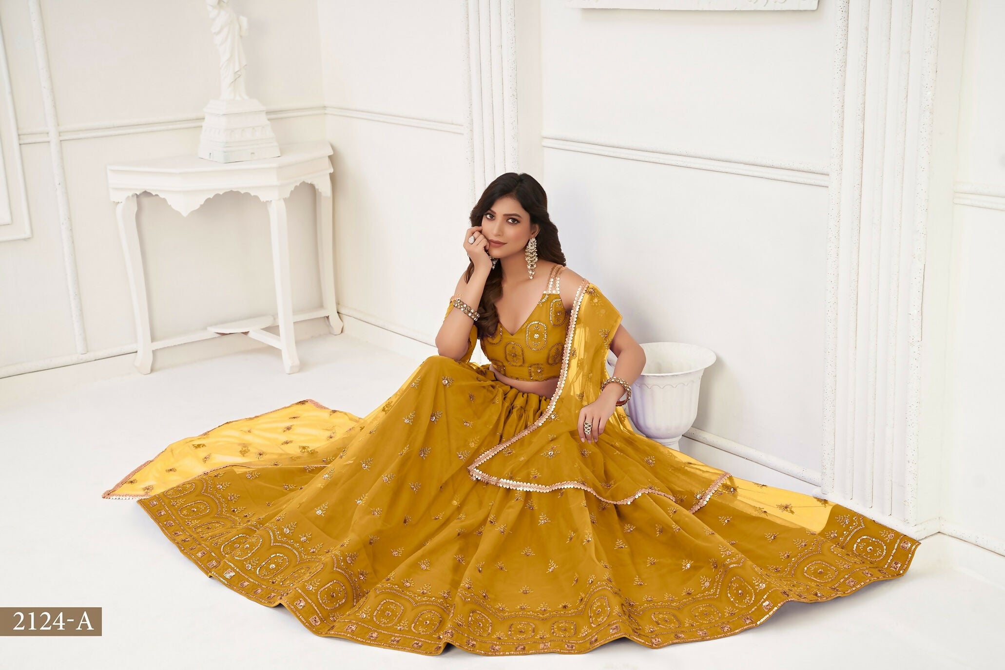 Eilara Women'S Mustard Yellow Butterfly Net With Tone Thread Work And Sandwich Embroidered Work Lehenga Choli For Wedding