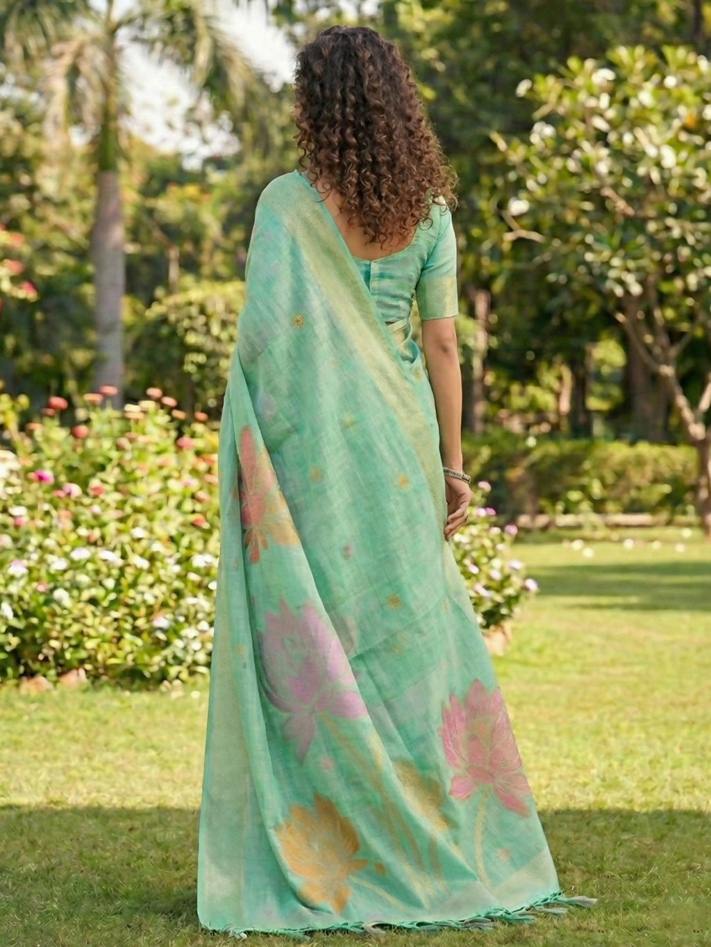 Shree Shyam Fashion Sea Green Linen Cotton Saree - Distacart