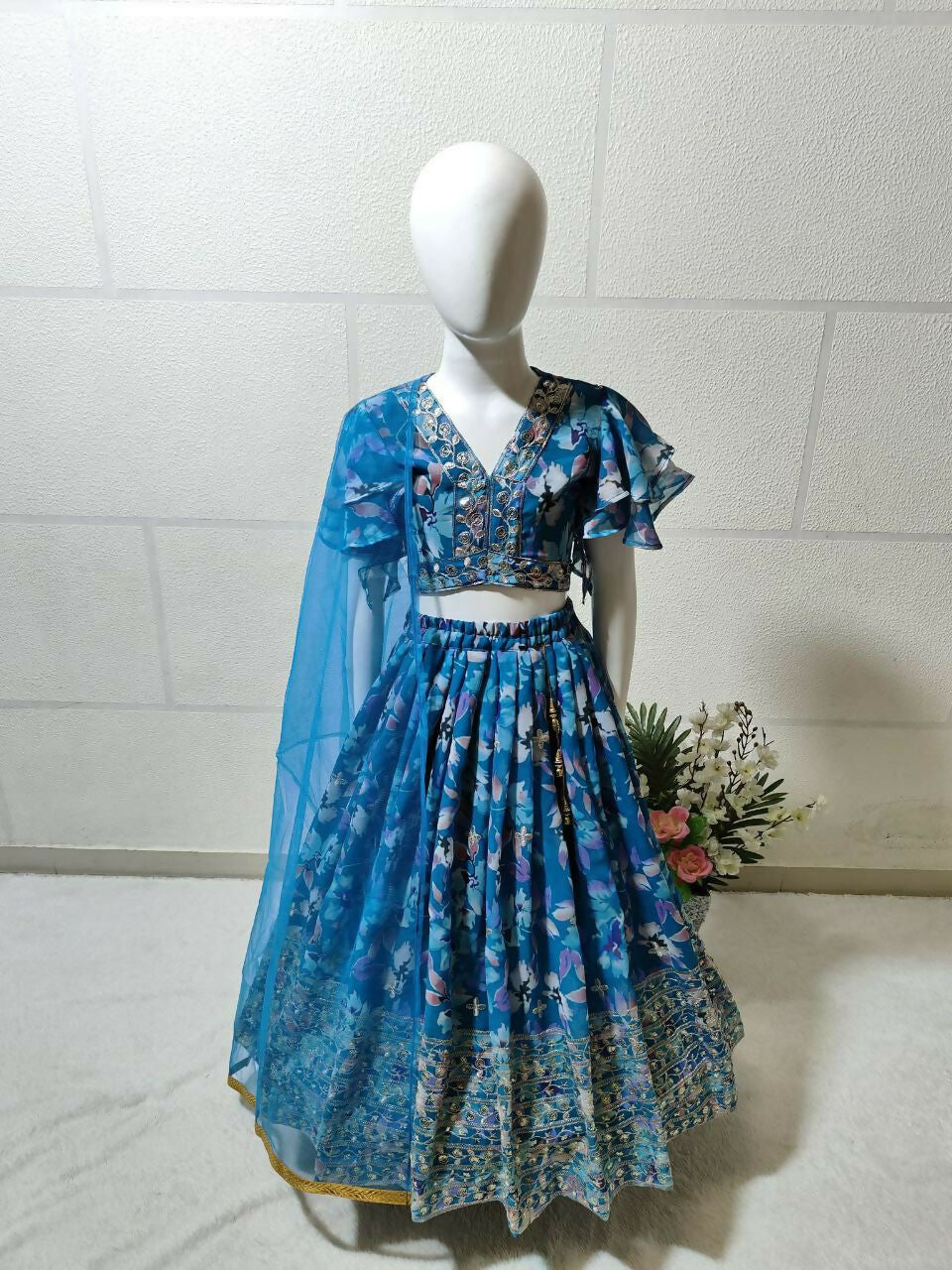 Jyoti Fashion Beautiful Blue Faux Georgette Digital Printed with Sequins Embroidered Kids Lehenga Choli Set