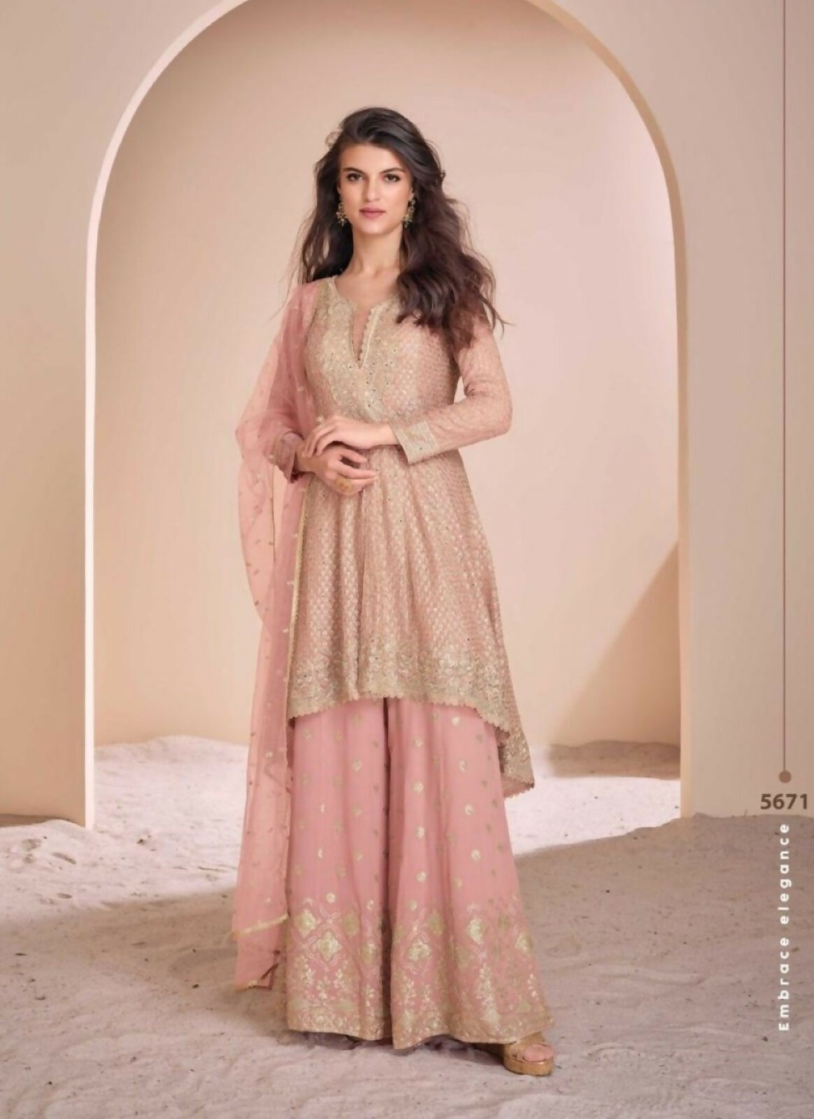Anaita Peach Georgette Readymade Suit with Codding Dori & Sequence Work - Distacart