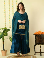 Myshka Women's Teal Velvet Kurti & Sharara With Dupatta Party Sets