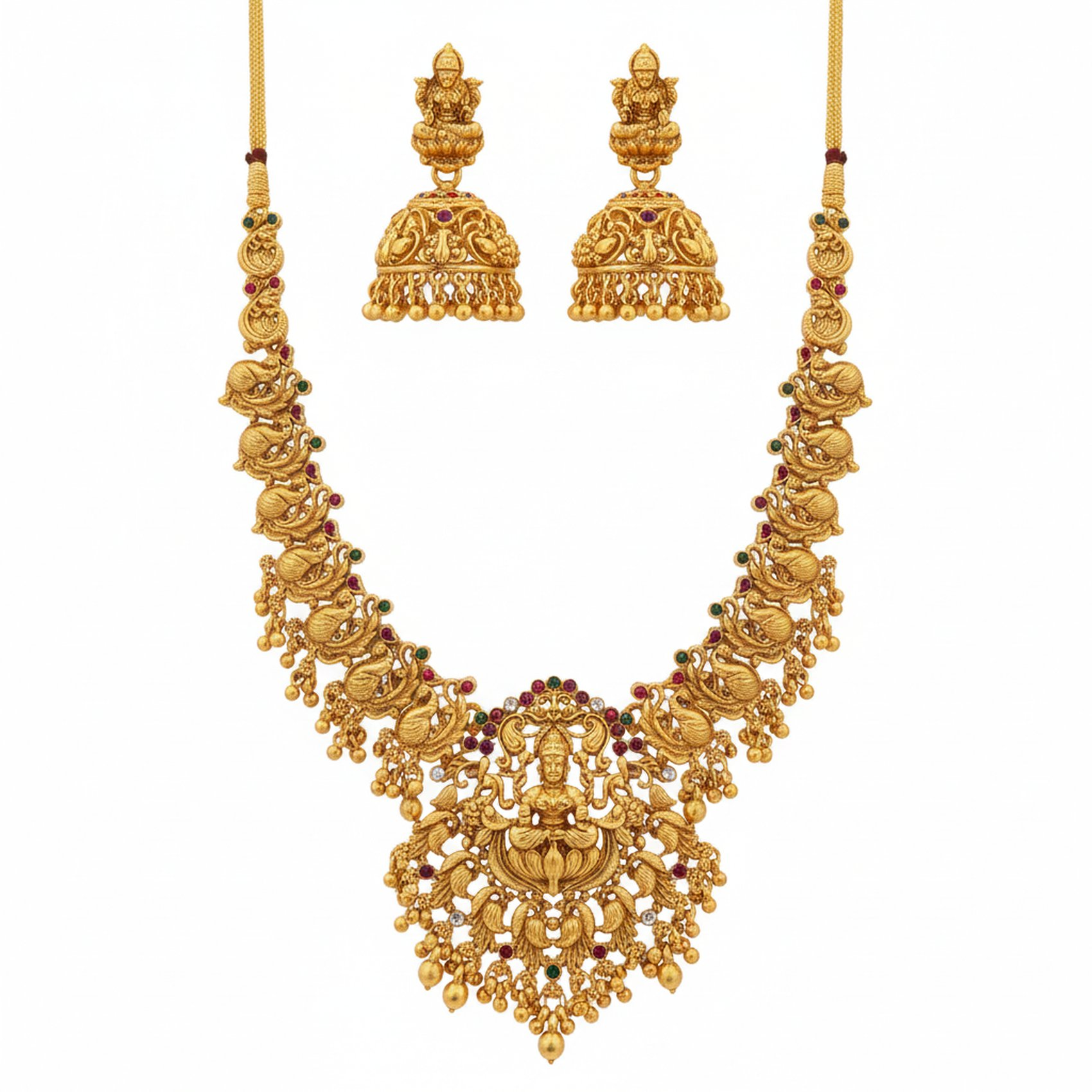 Jewel City Antique Gold Plated Temple Necklace Set Lakshmi Peacock Motif Ethnic Bridal Jewelry