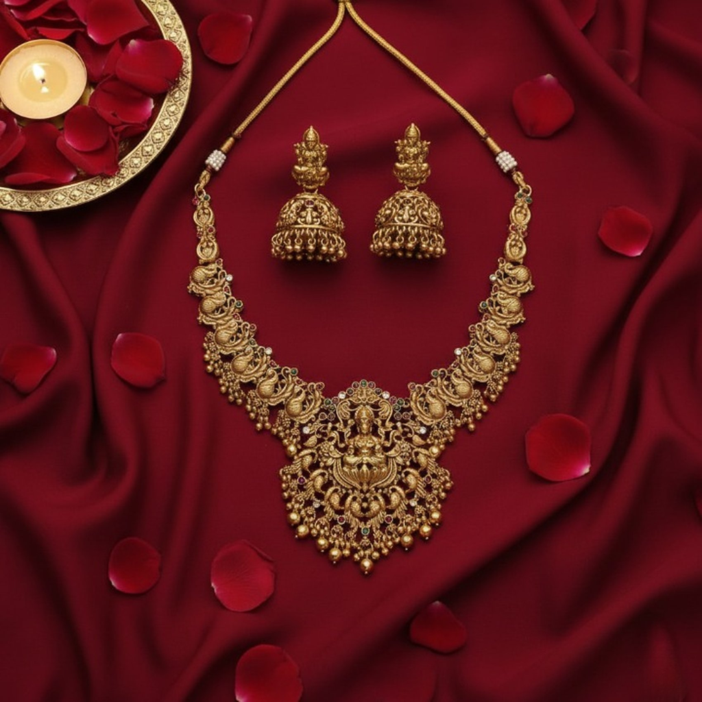 Jewel City Antique Gold Plated Temple Necklace Set Lakshmi Peacock Motif Ethnic Bridal Jewelry