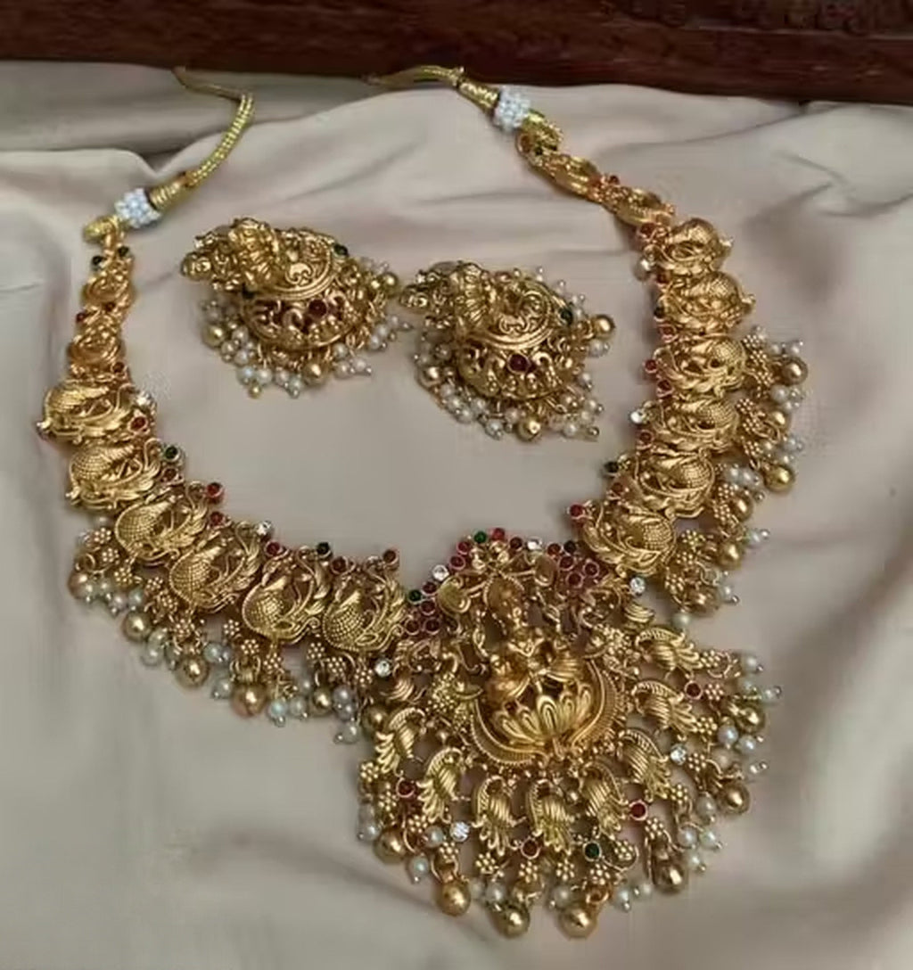 Jewel City Antique Gold Plated Temple Necklace Set Lakshmi Peacock Motif Ethnic Bridal Jewelry