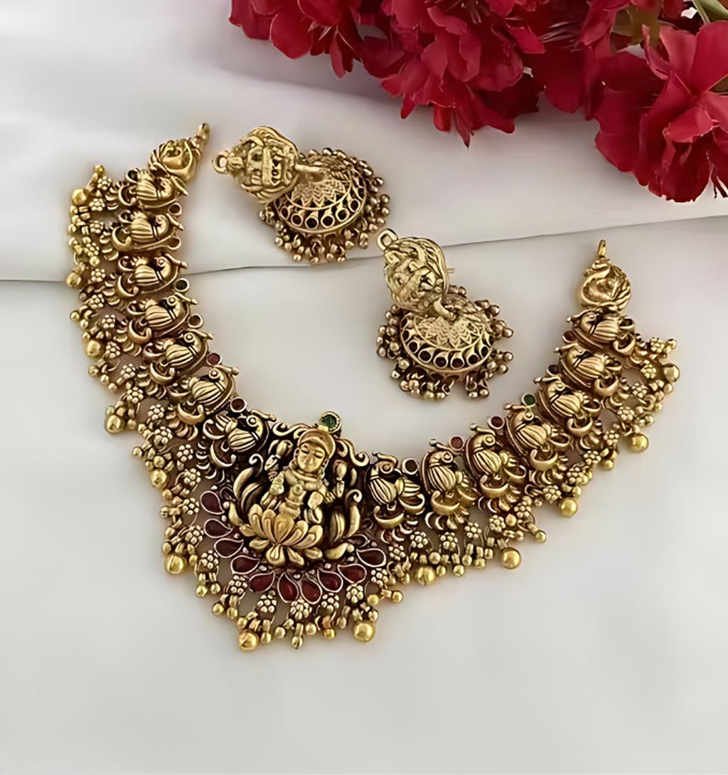 Jewel City Traditional Lakshmi Temple Necklace Set for Women Gold-Tone Bridal Jewelry with Earrings, Ethnic South Indian Choker