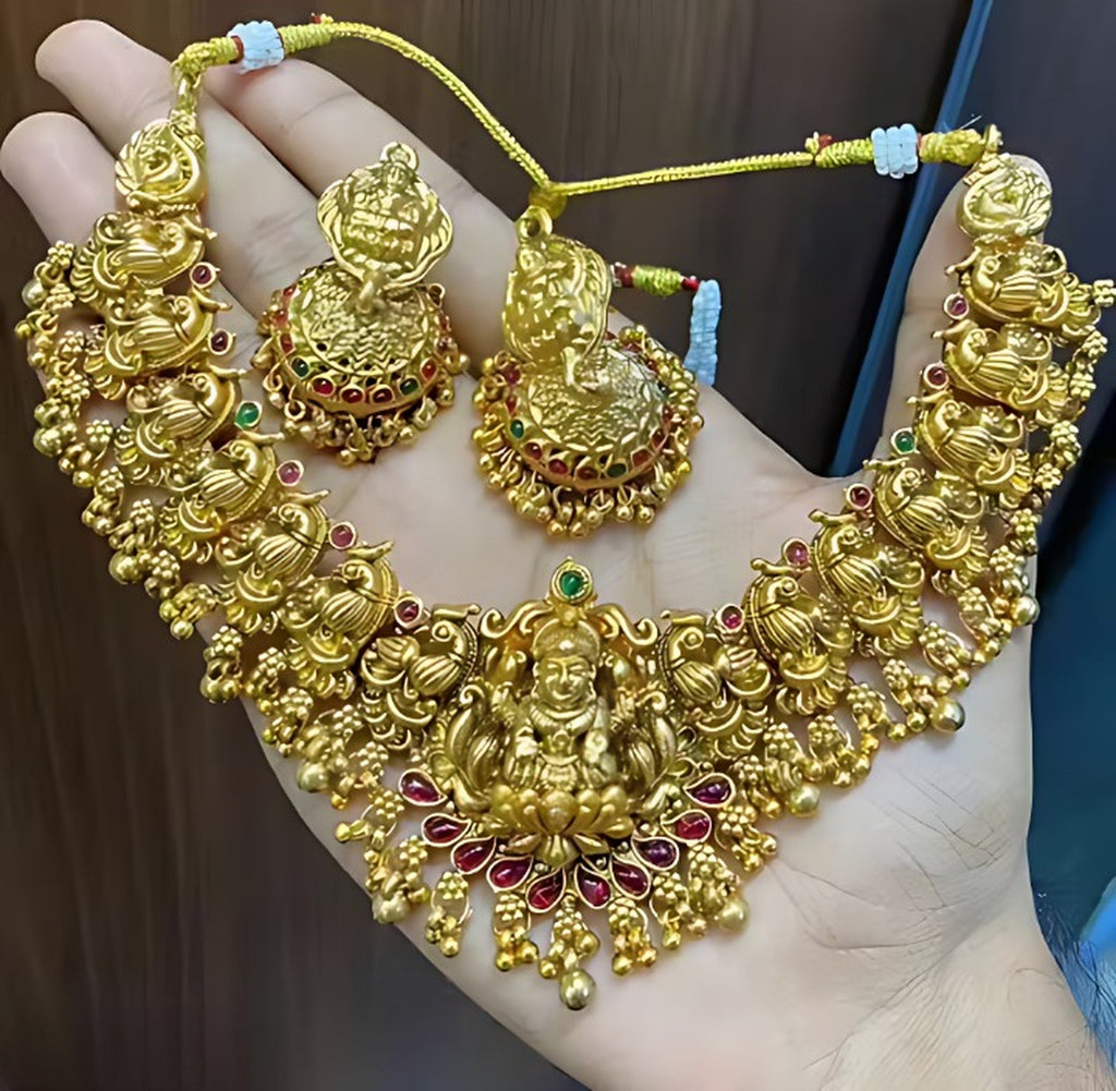 Jewel City Traditional Lakshmi Temple Necklace Set for Women Gold-Tone Bridal Jewelry with Earrings, Ethnic South Indian Choker