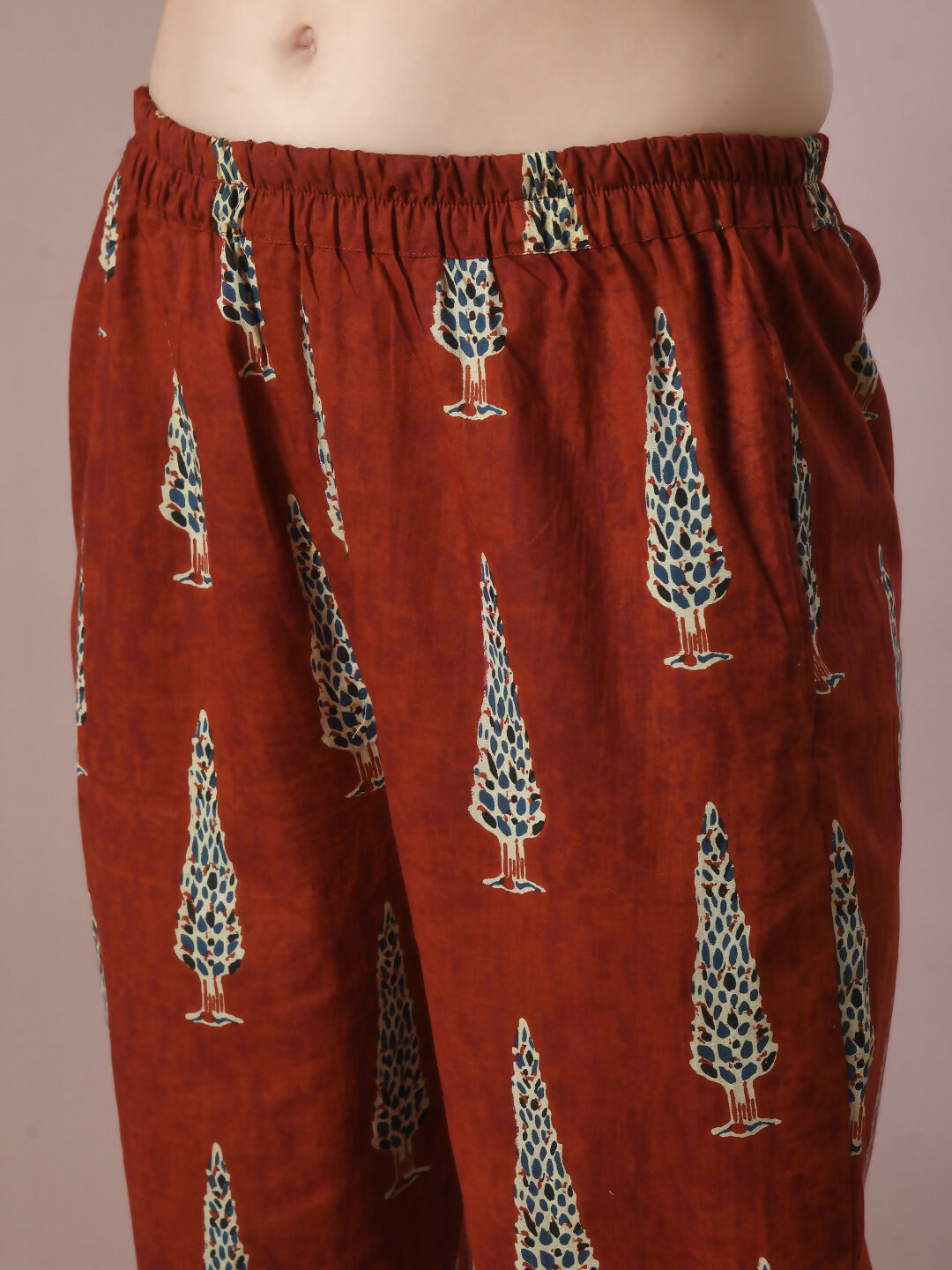 Myshka Women's Rust Printed Cotton Round Neck Party Tunic With Trousers Co-ord set