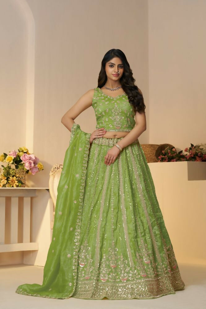 Kesar Fab Green Jimmy Choo Hand_Woven Lehenga