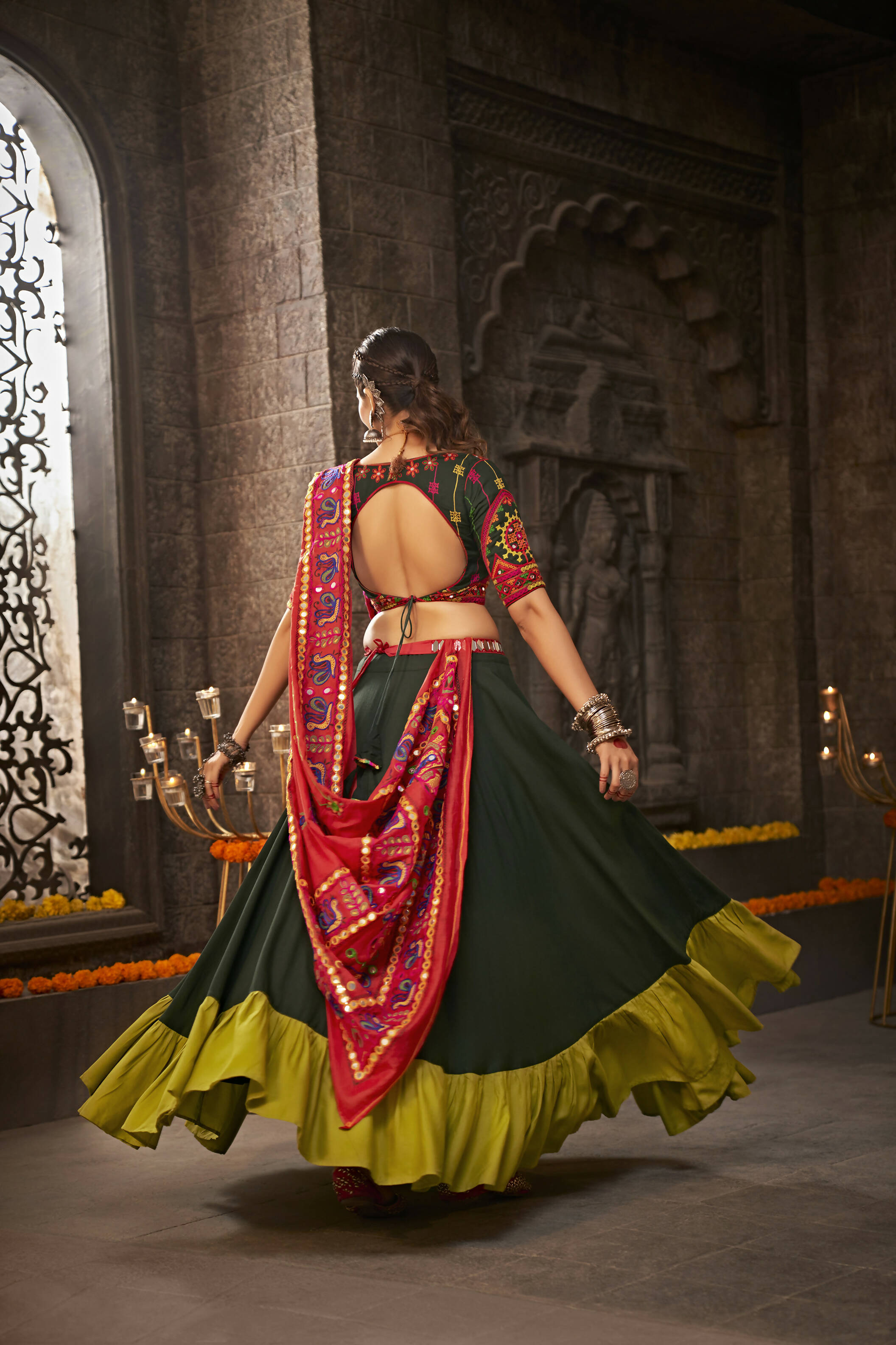 Green Viscose Rayon Thread Embroidered Navratri Lehenga Choli with Dupatta - Raas