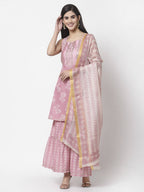 Myshka Women Peach Cotton Blend Printed Sleeveless Shoulder Straps Kurta With Sharara & Dupatta Set