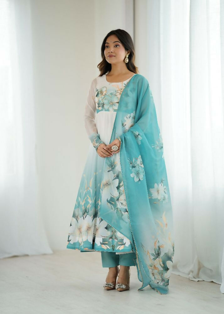 Joban Fashion Aqua Blue Kurta Set Organza Sequin Embroidery Work - Distacart