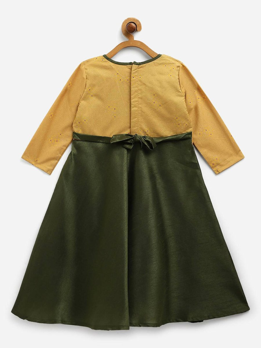 Ahalyaa Green Poly Silk Solid Kids Kurta With Printed Jacket For Girls