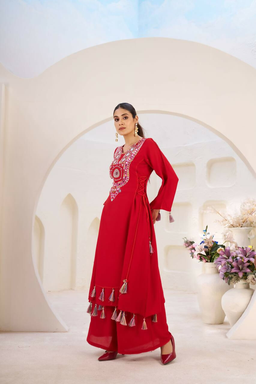 The52 Women's Gorgeous Rayon Fabric Thread Work Straight Kurta Palazzo Set - Distacart