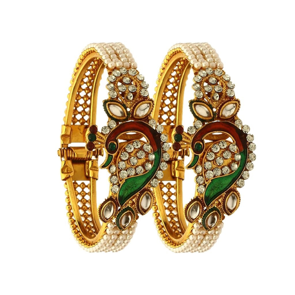 Gold-Plated Alloy Pearl Studded Peacock Enamel Bangle - The Pari - Distacart