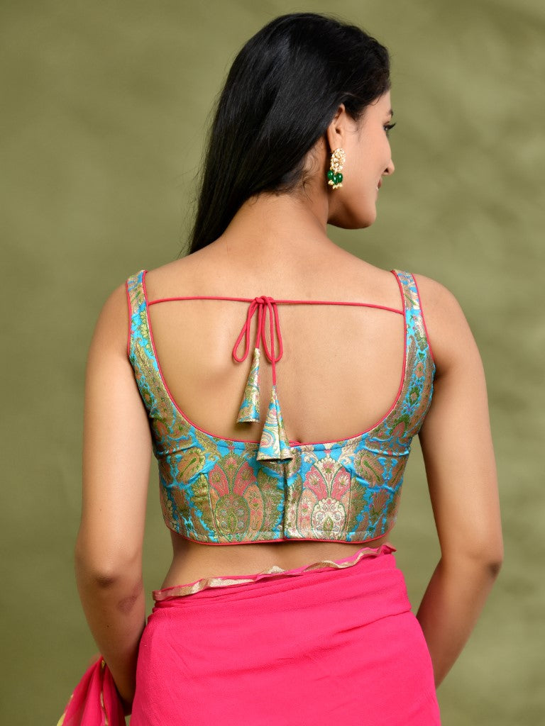 Amodini Designer Studio Kashi Banarsi Blue Sleeveless Padded Blouse