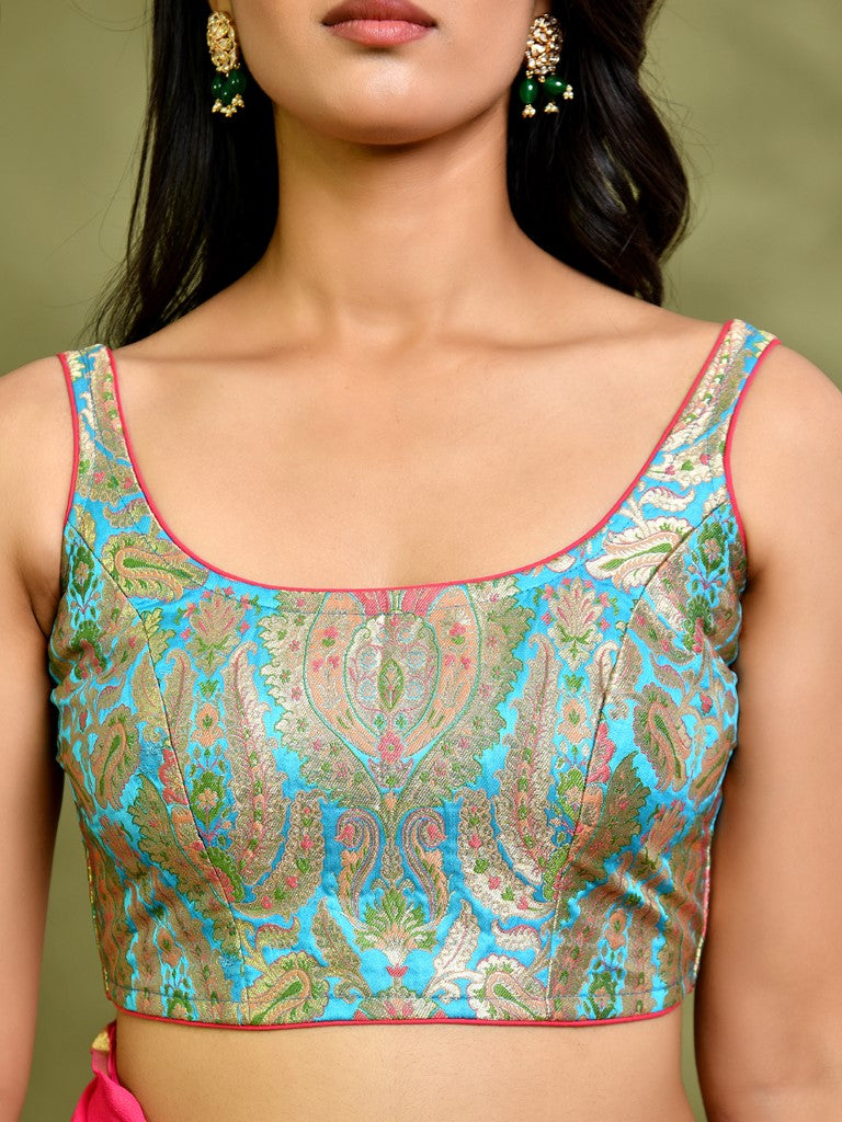 Amodini Designer Studio Kashi Banarsi Blue Sleeveless Padded Blouse