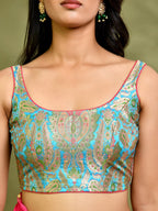 Amodini Designer Studio Kashi Banarsi Blue Sleeveless Padded Blouse
