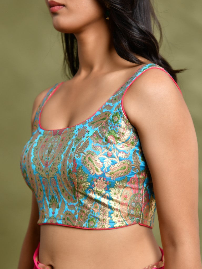 Amodini Designer Studio Kashi Banarsi Blue Sleeveless Padded Blouse