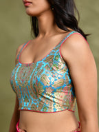 Amodini Designer Studio Kashi Banarsi Blue Sleeveless Padded Blouse