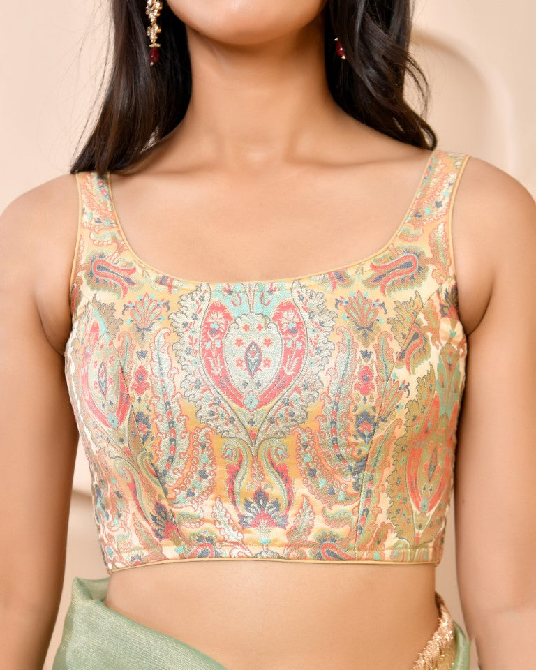 Amodini Designer Studio Kashi Banarsi Gold Sleeveless Padded Blouse