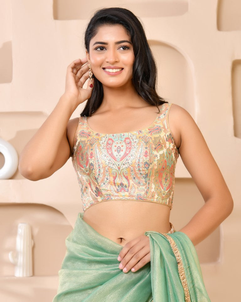 Amodini Designer Studio Kashi Banarsi Gold Sleeveless Padded Blouse