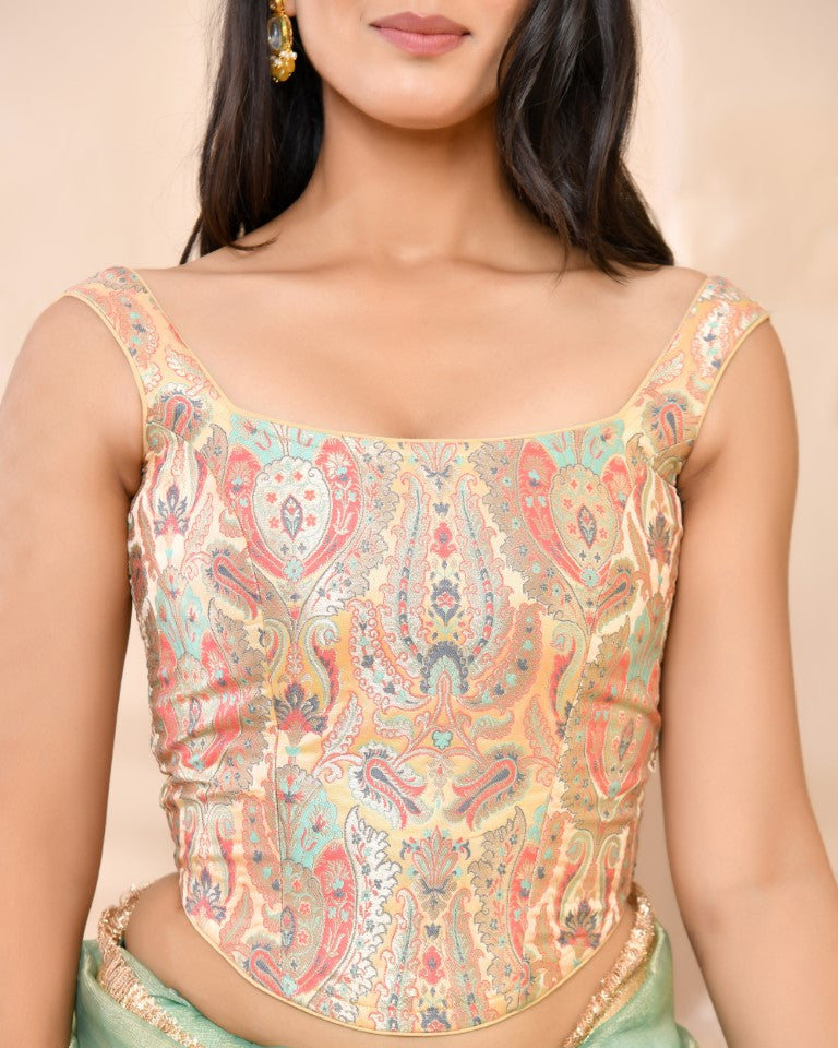 Amodini Designer Studio Kashi Banarsi Corset Style Golden Blouse - Distacart