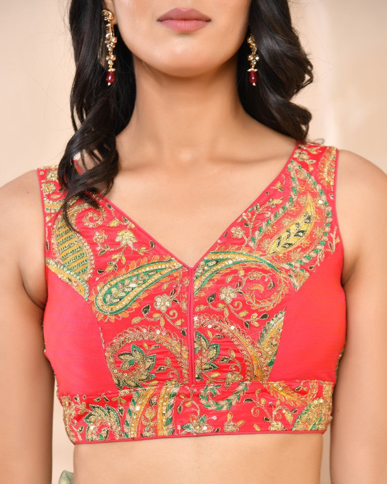 Amodini Designer Studio Paisley Zari Embroidery Pink Sleeveless Padded Blouse