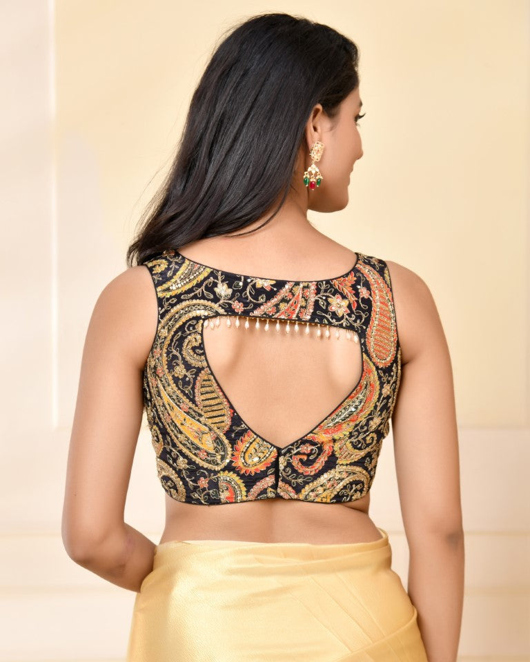 Amodini Designer Studio Paisley Zari Embroidery Black Sleeveless Padded Blouse