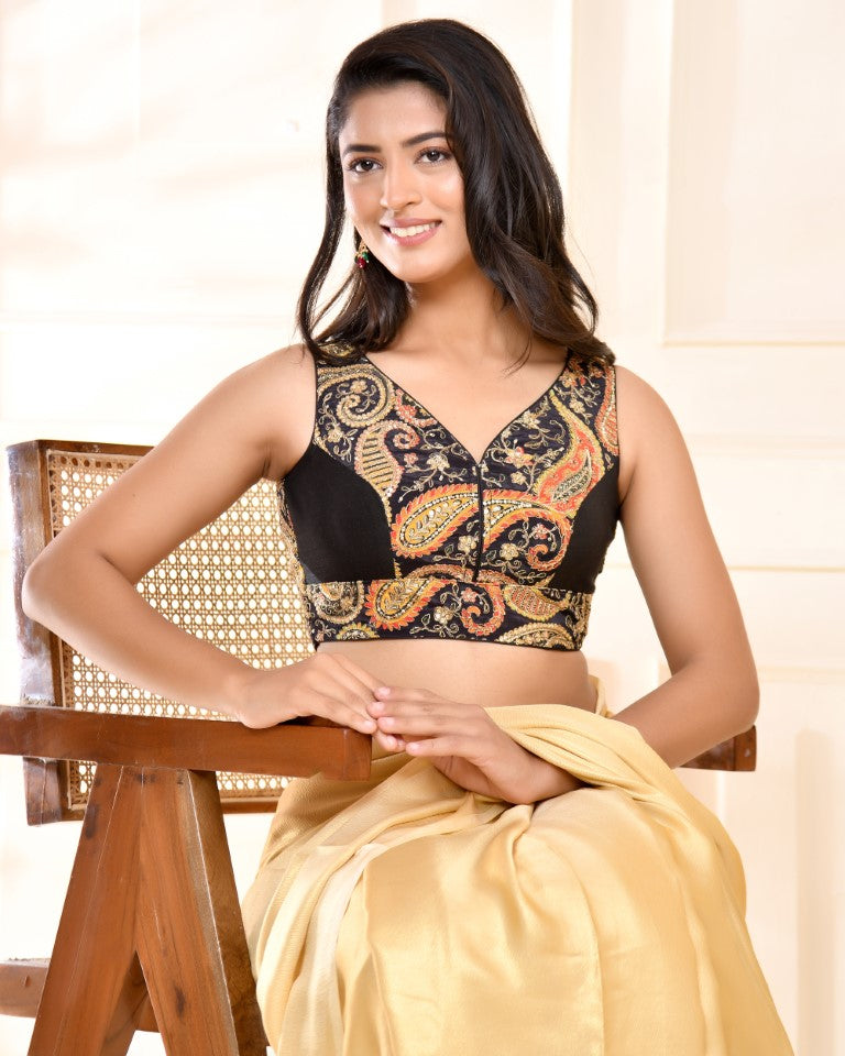 Amodini Designer Studio Paisley Zari Embroidery Black Sleeveless Padded Blouse